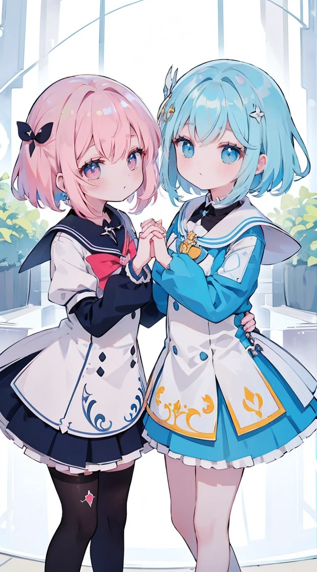 twins、cabelo rosa、olhos azuis claros、Apenas uma cauda dupla、Holding hands、Magic Street、uniforme escolar bonito、fita de arco、obra-prima、maximum quality、Qualidade de imagem superior、cabelo azul claro