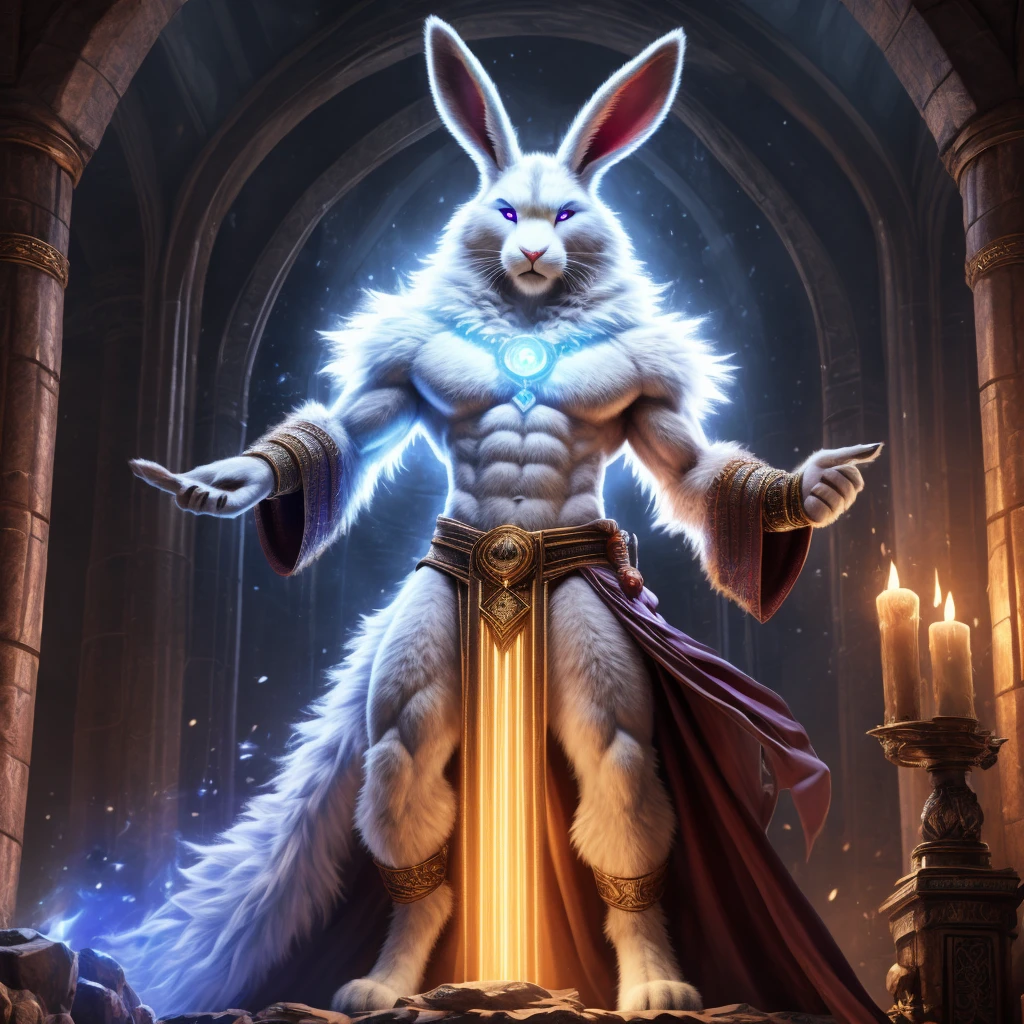 a male 6'11 foot tall anthropomorphic and bipedal rabbit with pure white fur and he is toned and athletic and his eye color is yellow and he is a mage and skilled at it but not a master. detailed eyes, detailed body, detailed face, 8k HD, hdr,