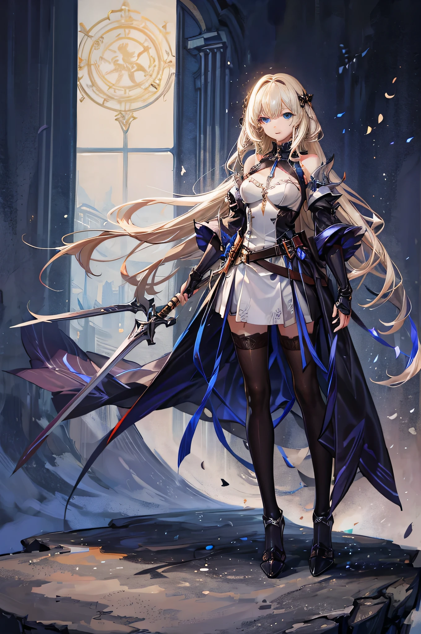 Has long straight blonde hair and wears silver armor.、Beautiful woman with blue eyes holding a long sword fantasy art style