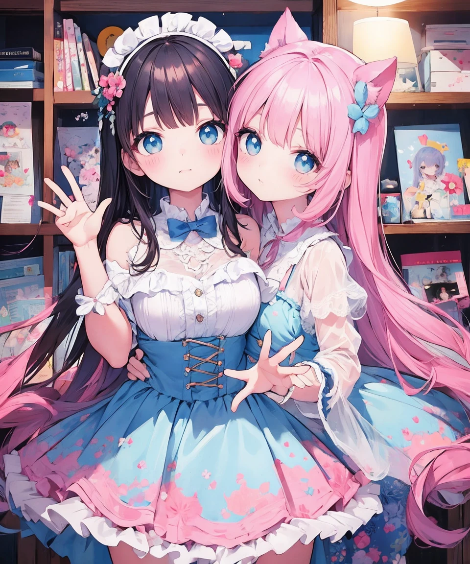 mesa, (2 meninas), Idol, um close de um, olhos grandes, kawaii Institute of Technology, kawaii, Bonitinho, cores pastel, melhor qualidade, feliz, Deep Story, Symmetrical, head tilt