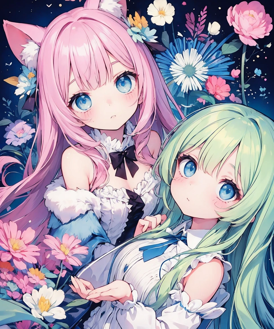 mesa, (2 meninas), Idol, um close de um, olhos grandes, kawaii Institute of Technology, kawaii, Bonitinho, cores pastel, melhor qualidade, feliz, Deep Story, Symmetrical, head tilt