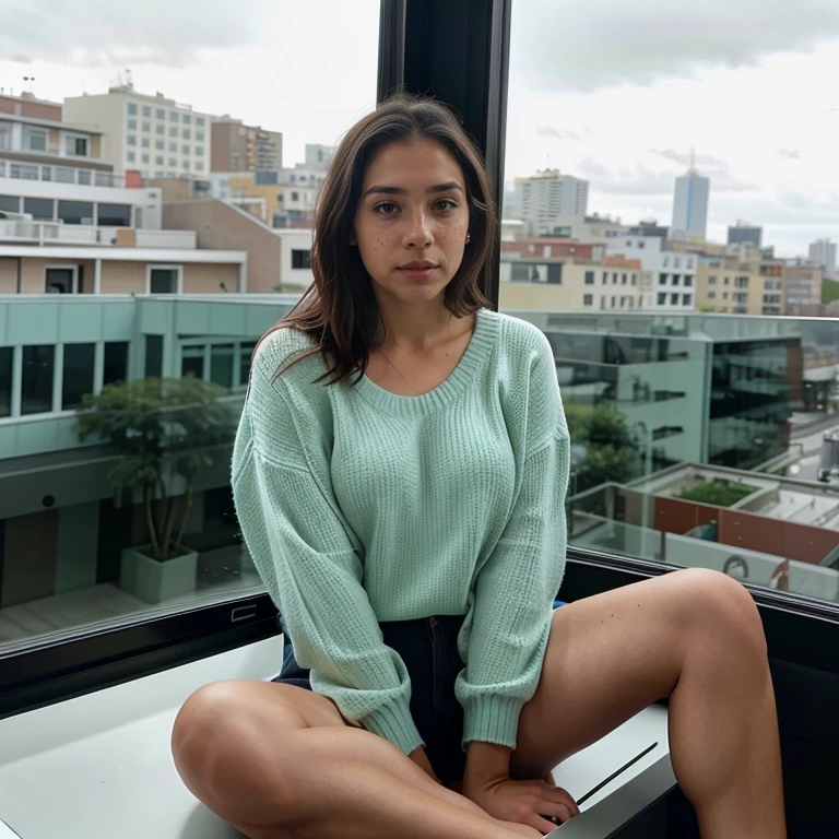 23-year-old hyper-realistic Latin girl with freckles, selfie de humor para instagram, Ultra Definition, (photoreallistic: 1.4), 8k, Calidad Premier, Fondos detallados, cara delicada, Maquillaje natural, foto RAW, iPhone, HDR, Coqueteando con el espectador, wearing only a black luxurious sweater, sitting in front of a big window with the dark sky and buildings in the background, in a luxury hotel