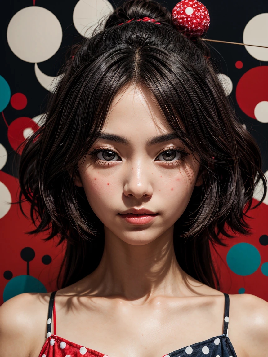 an abstract of a japanese girl centered around large polka dot theme

