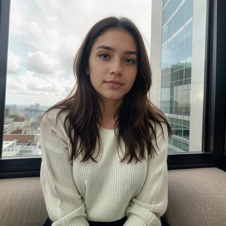23-year-old hyper-realistic Latin girl with freckles, selfie de humor para instagram, Ultra Definition, (photoreallistic: 1.4), 8k, Calidad Premier, Fondos detallados, cara delicada, Maquillaje natural, foto RAW, iPhone, HDR, Coqueteando con el espectador, wearing only a black luxurious sweater, sitting in front of a big window with the dark sky and buildings in the background, in a luxury hotel