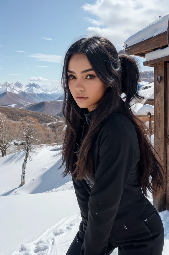 (masterpiece), (best quality:1.0), (ultra highres:1.0), closeup, 1 girl, detailed beautiful, face focus, tomboy, skinny, long hair, brazilian face, wallpaper 8k, (black colorful hair), beutiful woman, makeup, snowy mountains, ski suit