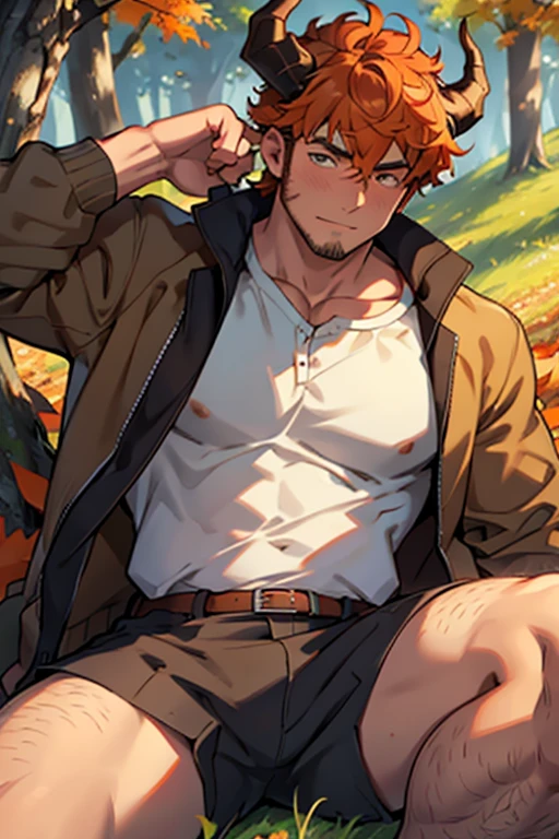 (highres:1.2),1 man, handsome ((older)) young- man, sitting in grass during autumn, blushing, anime style, stubble, soft expression, (wrinkles:1.2), short hair, messy curly orange hair, orange, curly bangs, curled ram horns, perfect detailed eyes, masculine eye shape, dark brown eyes, light body hair, brown body hair, vivid colors, soft lighting, bara, looking at the viewer with a calm expression, close-up, (little chubby), casual clothing, outdoorsy clothing, open jacket, shorts