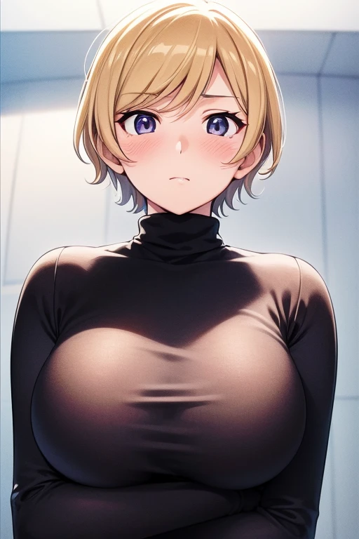 mangamichirum, 1girl, blond hair, short hair, blush, large breast, ((tight black long sleeve undershirt, turtleneck)), breast hold, upper body, looking at view, from below, (masterpiece, high resolution, best quality, anime screencap, anime colored, 8k, photorealistic)