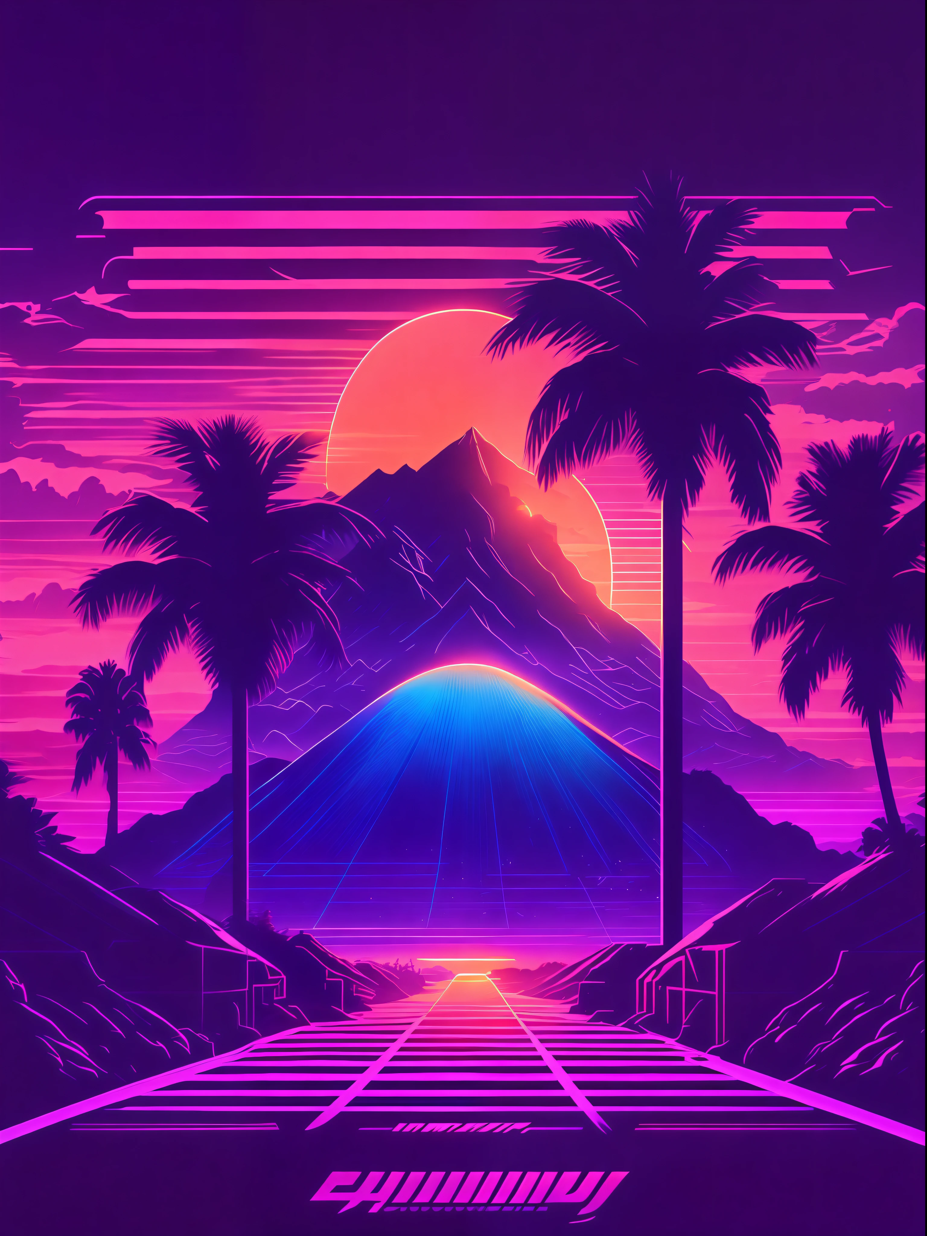 ((Best quality, 8K, Masterpiece: 1.4)),((Amazing detail: 1.3)),((illustration: 1.2)),((high resolution: 1.1)),tshirt design, rzminjourney, vector-art,synthwave style,sunset,palm,Grid ground,outrun style,dreamy,future style,