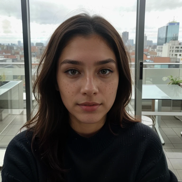 23-year-old hyper-realistic Latin girl with freckles, selfie de humor para instagram, Ultra Definition, (photoreallistic: 1.4), 8k, Calidad Premier, Fondos detallados, cara delicada, Maquillaje natural, foto RAW, iPhone, HDR, Coqueteando con el espectador, wearing only a black luxurious sweater, sitting in front of a big window with the dark sky and buildings in the background, in a luxury hotel