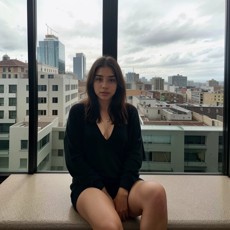 23-year-old hyper-realistic Latin girl with freckles, selfie de humor para instagram, Ultra Definition, (photoreallistic: 1.4), 8k, Calidad Premier, Fondos detallados, cara delicada, Maquillaje natural, foto RAW, iPhone, HDR, Coqueteando con el espectador, wearing only a black luxurious sweater, sitting in front of a big window with the dark sky and buildings in the background, in a luxury hotel