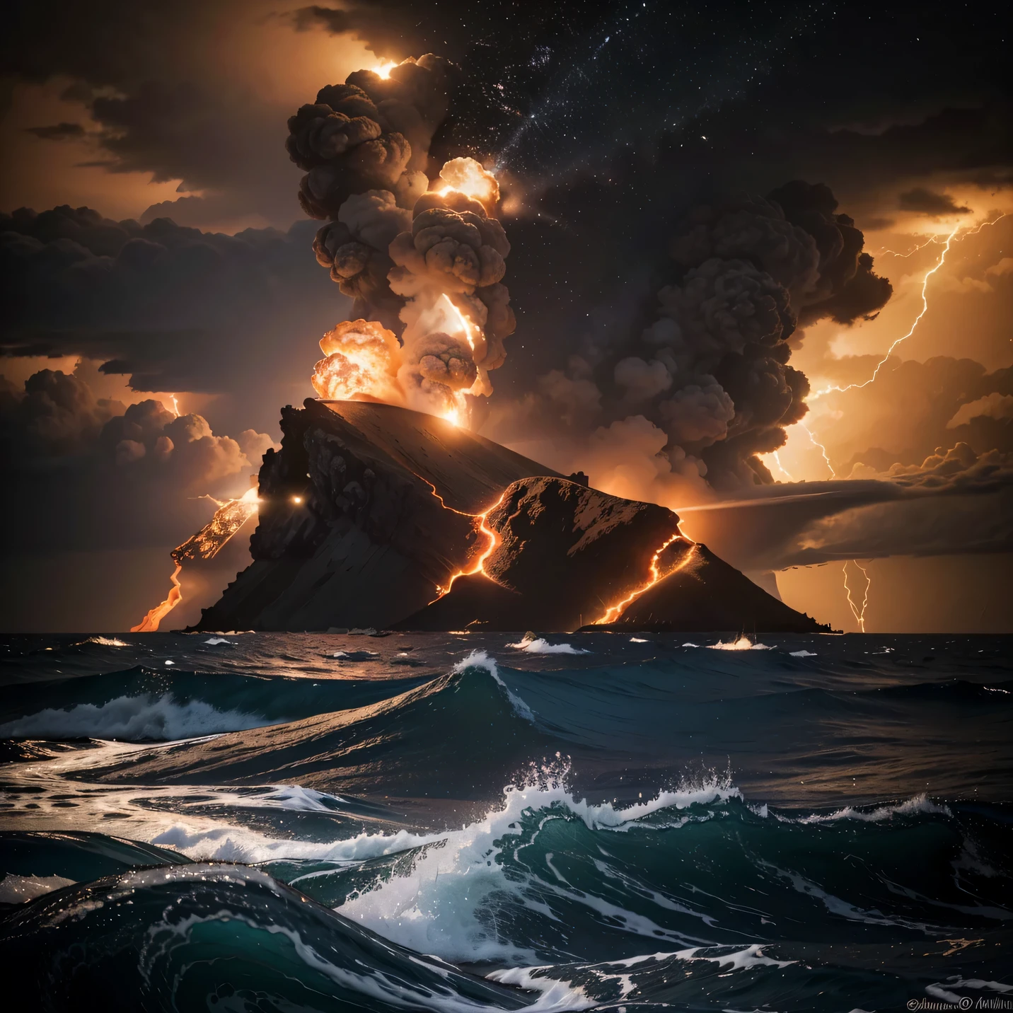 (melhor qualidade,4k,8k,high resolution,obra de arte:1.2)(melhor qualidade, high resolution, ultra-detalhado), navio no mar, horizonte vermelho tempestuoso, Erupting volcano, oil painting, ondas detalhadas batendo no navio, lightning striking the sky, ventos fortes, Nuvens escuras, burning lava spewing from the volcano, cores intensas, dynamic composition, dramatic lighting