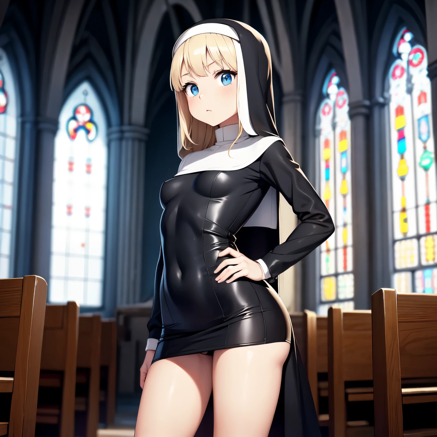 young Scandinavian girl, loli, gyaru, Nun, tight clothes, petite body, slim, flat , thin legs, thin legs, thighs apart, thin waist, church, cinematic lighting