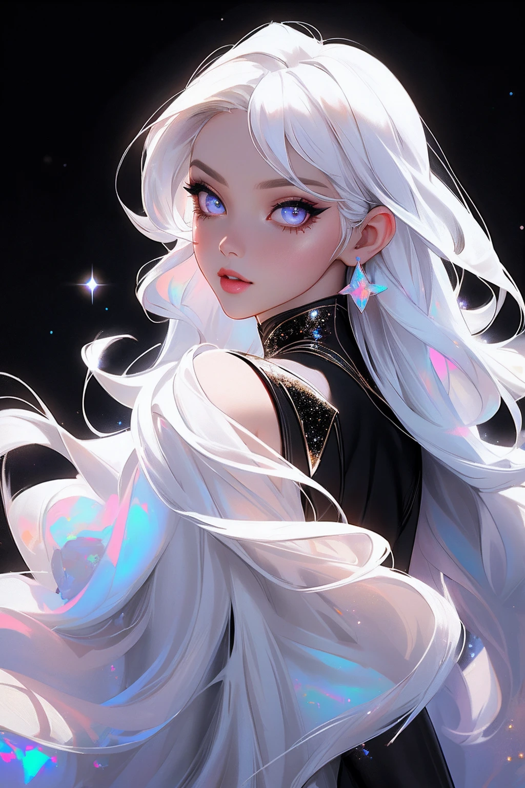 {-erro_de_anatomia:1.0} masterpiece, highest quality, (perfect face:1.1, (high detail)1.1, sweet stardust vampire , long soft white hair, opal eyes, perfectly drawn face, black dress, stars detailed background, prismatic lighting, glitter, whole body,  Dancing lightly. backwadrs, Looking back. Very sexy, with chin resting on shoulder.