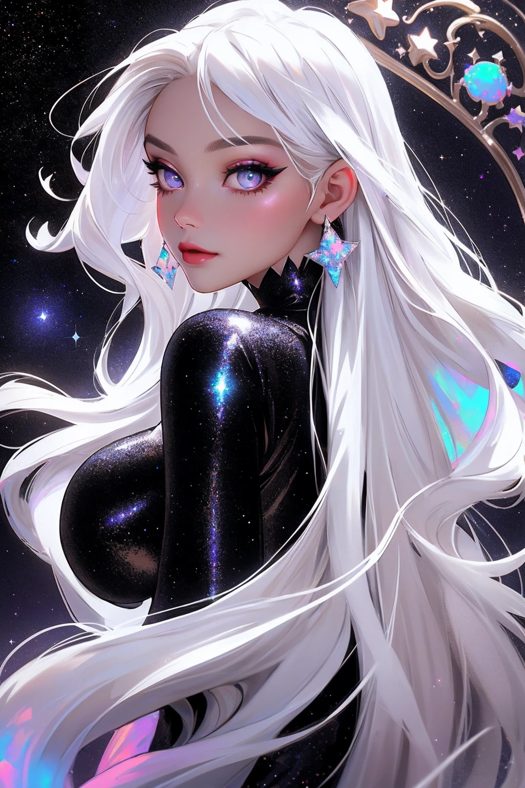 {-erro_de_anatomia:1.0} masterpiece, highest quality, (perfect face:1.1, (high detail)1.1, sweet stardust vampire , long soft white hair, opal eyes, perfectly drawn face, black dress, stars detailed background, prismatic lighting, glitter, whole body, Dancing lightly. backwadrs, Looking back. Very sexy, with chin resting on shoulder.