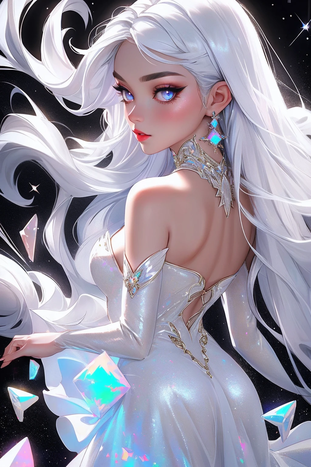 {-erro_de_anatomia:1.0} masterpiece, highest quality, (perfect face:1.1, (high detail)1.1, sweet stardust vampire , long soft white hair, opal eyes, perfectly drawn face, black dress, stars detailed background, prismatic lighting, glitter, whole body,  Dancing lightly. backwadrs, Looking back. Very sexy, with chin resting on shoulder.