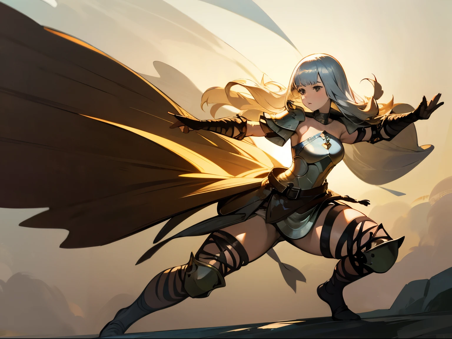 masterpiece, best quality, mature woman, paladin, light blonde hair, simple brown clothing, simple silver pectoral armor, simple silver shin guard, fantasy, medieval, in a battle arena, dynamic pose, beautiful detailed glow.