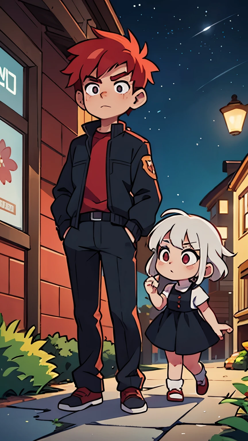 1 red haired male , 1 white haired female, in a city, night time , looking at stars, wearing black clothes