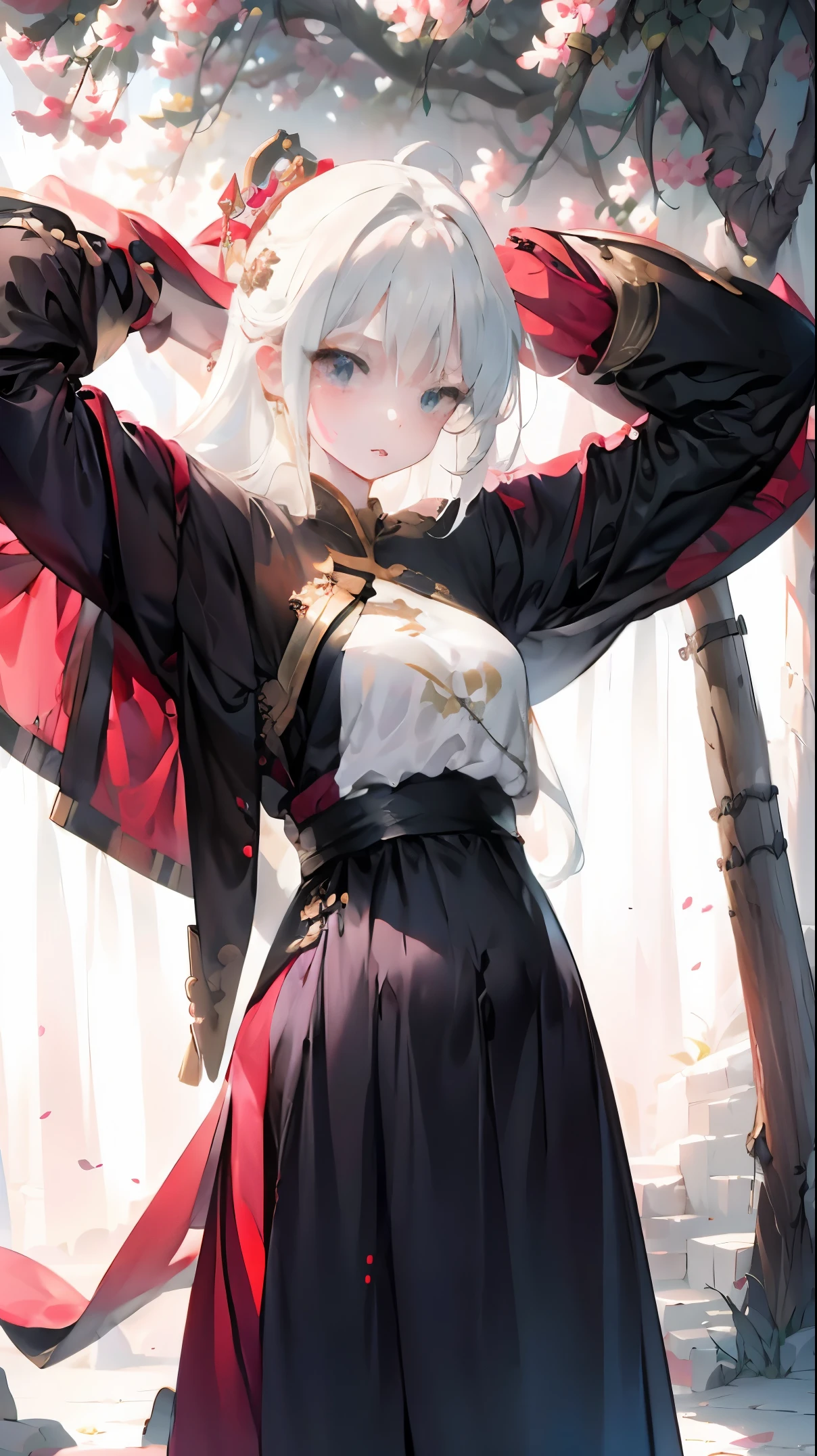 Golden hairpin, white ash hair, black shirt, white skirt, (black cloak:1.2), pale face, sweating, heavy breath, blushing, pregnancy  dresest quality:1.2), ultra-detailed,realistic ,portraits, vivid colors, soft lighting, interesting PoV, stocking, straight hair, pregnant, Pregnant  belly, anime girl, solo girl, light blue eyes, Chinese sword, swing sword, 