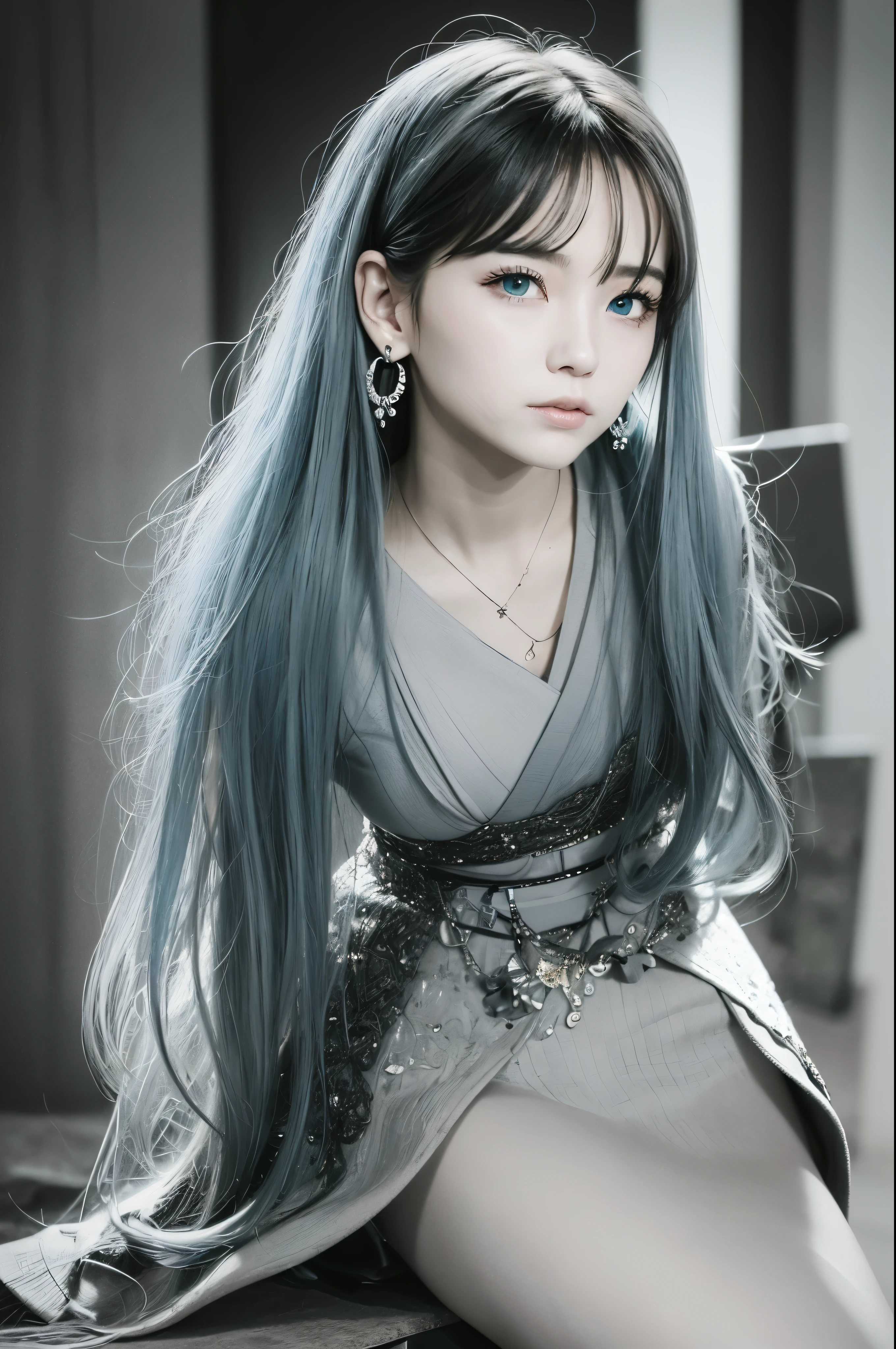 A pretty girl，(Beautiful facial features)，(Solid white background)，Princess dress，A queen，(The inside of the hair is stained haze blue)，long whitr hair，petty face，white color hair，Best Picture Quality，tmasterpiece，Cinematic lighting effects，Fine skin