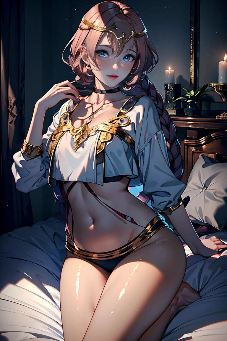 (best quality, 4k, 8k, high resolution, masterpiece: 1.2), ultra-detailed, hauntingly beautiful, powerful, mystical, majestic, mysterious, enchanting, elegant,beauty, attractive,floating, shining, robes fluttering, delicate and detailed features, piercing eyes, radiant skin, on a bed, a shining tower, vast wuarto, divine beauty, solemn atmosphere