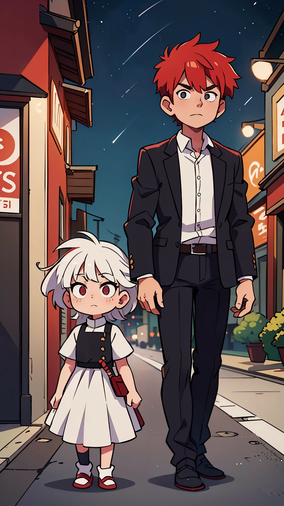 1 red haired male , 1 white haired female, in a city, night time , looking at stars, wearing black clothes