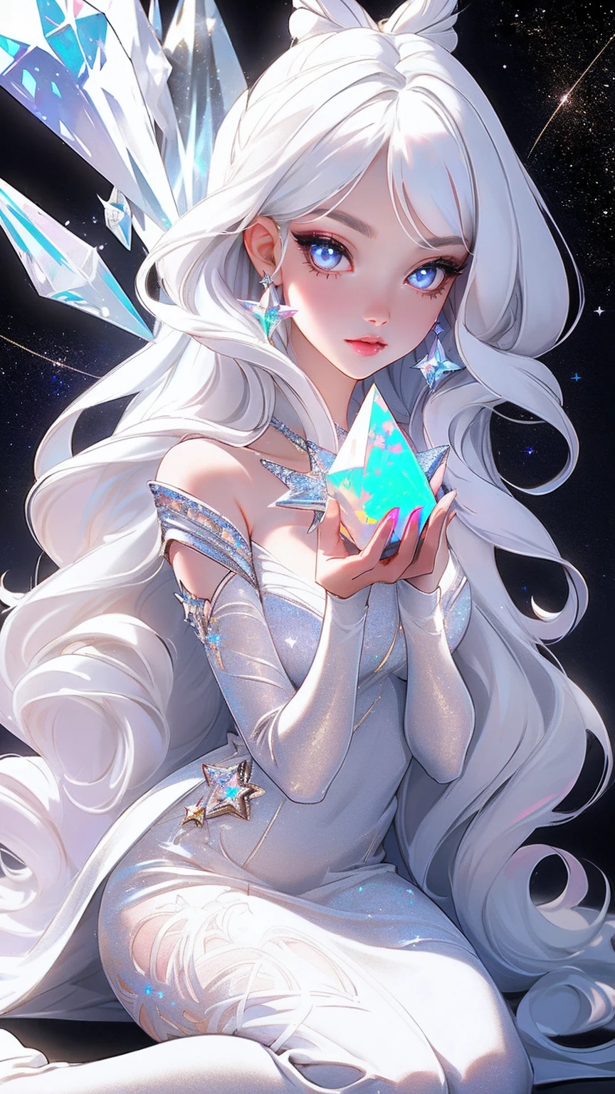 {-erro_de_anatomia:1.0} masterpiece, highest quality, (perfect face:1.1, (high detail)1.1, sweet stardust vampire , long soft white hair, opal eyes, perfectly drawn face, black dress, stars detailed background, prismatic lighting, glitter, whole bod., Very sexy, kneeling holding a crystal star in her hands