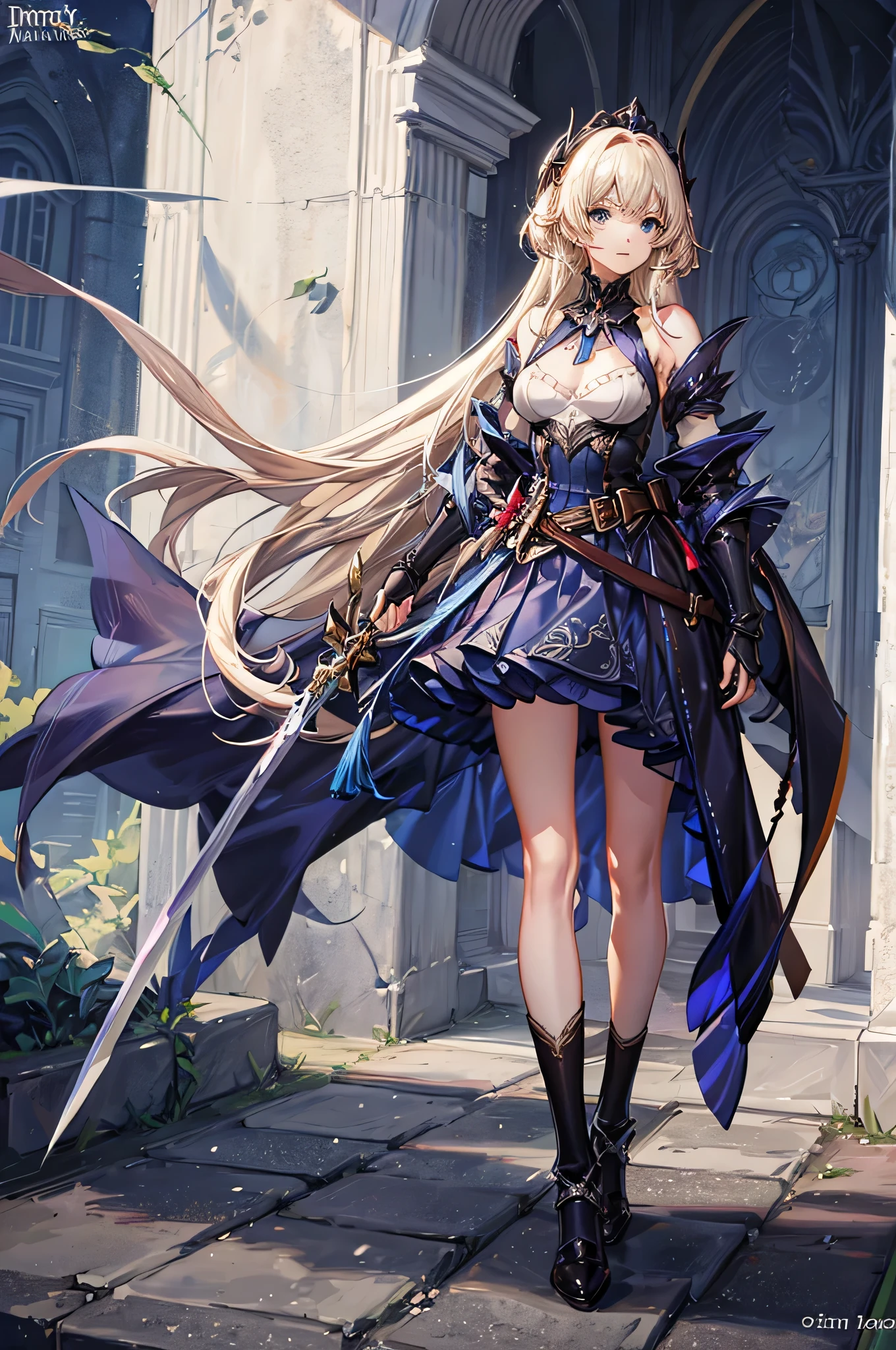 Has long straight blonde hair and wears silver armor.、Beautiful woman with blue eyes holding a long sword fantasy art style