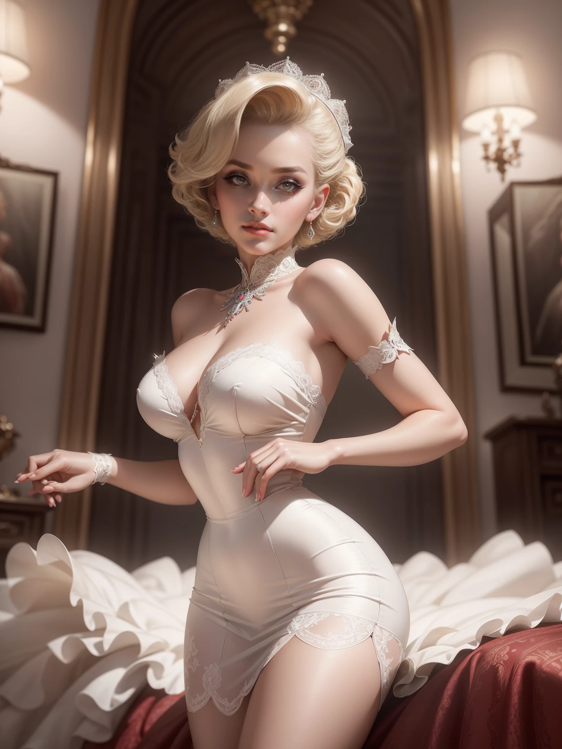 (Masterpiece - Ultra-Detailed, High Resolution) Prepare to be enchanted by a true masterpiece that combines ultra-detailed art with high-resolution rendering. This work shows a mesmerizing woman, with short, light blonde hair, 1950s style, Marilyn Monroe (1.3) and captivating brown eyes (1.2), New York illustration style, wearing red lipstick, emanating an aura of elegance and mystery. Wearing victorian classic 1950s clothing. sexy. Intricate details and realistic textures invite you to explore every aspect of this enchanting composition. Transparent white dress. Dancing lightly. On your back, with your chin under your shoulder, looking back sensually. Get ready to dive into a world where beauty and craftsmanship merge perfectly.