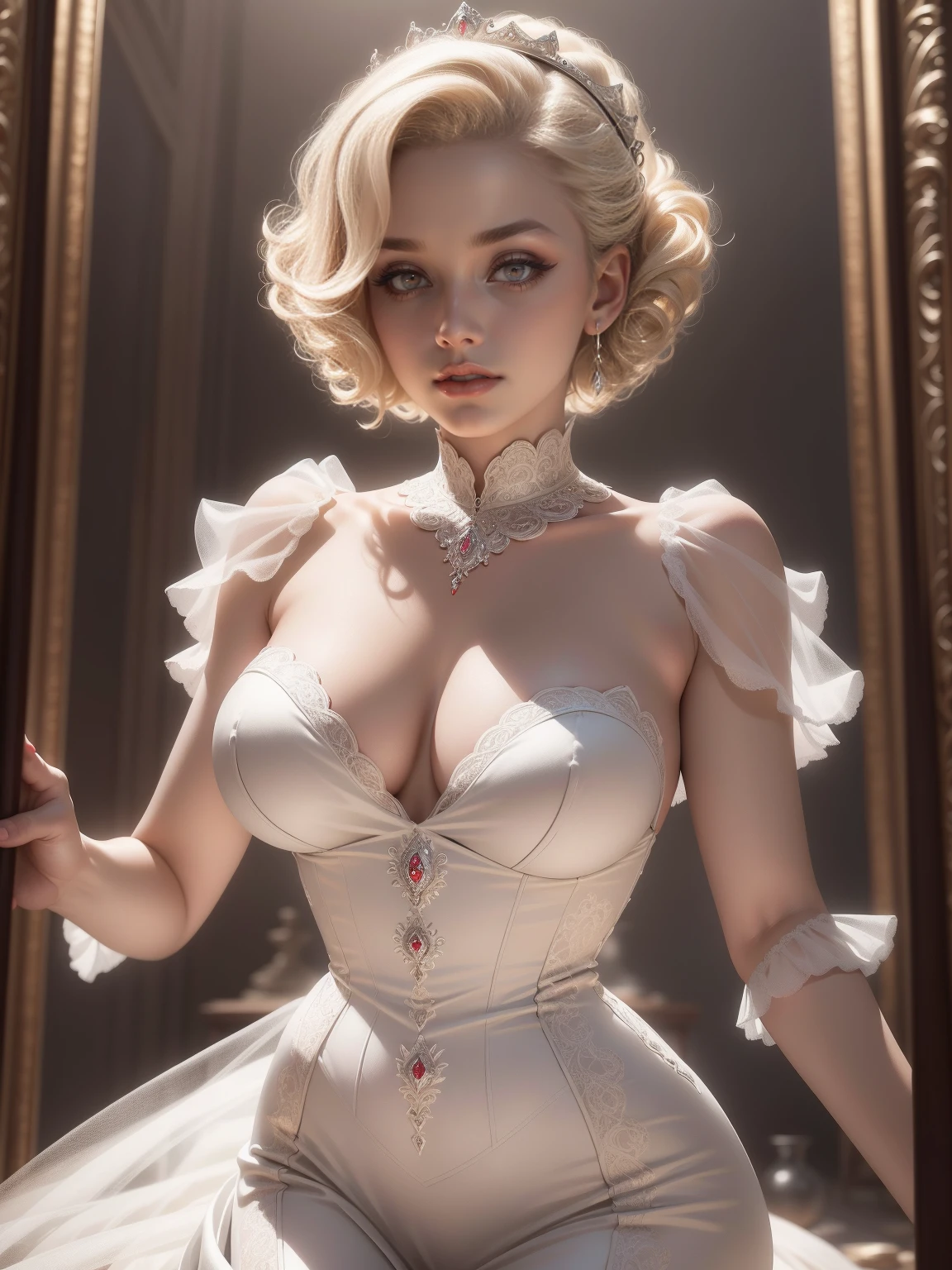 (Masterpiece - Ultra-Detailed, High Resolution) Prepare to be enchanted by a true masterpiece that combines ultra-detailed art with high-resolution rendering. This work shows a mesmerizing woman, with short, light blonde hair, 1950s style, Marilyn Monroe (1.3) and captivating brown eyes (1.2), New York illustration style, wearing red lipstick, emanating an aura of elegance and mystery. Wearing victorian classic 1950s clothing. sexy. Intricate details and realistic textures invite you to explore every aspect of this enchanting composition. Transparent white dress. Dancing lightly. On your back, with your chin under your shoulder, looking back sensually. Get ready to dive into a world where beauty and craftsmanship merge perfectly.