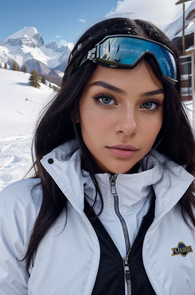 (masterpiece), (best quality:1.0), (ultra highres:1.0), closeup, 1 girl, detailed beautiful, face focus, tomboy, skinny, long hair, brazilian face, wallpaper 8k, (black colorful hair), beutiful woman, makeup, snowy mountains, ski suit with goggles