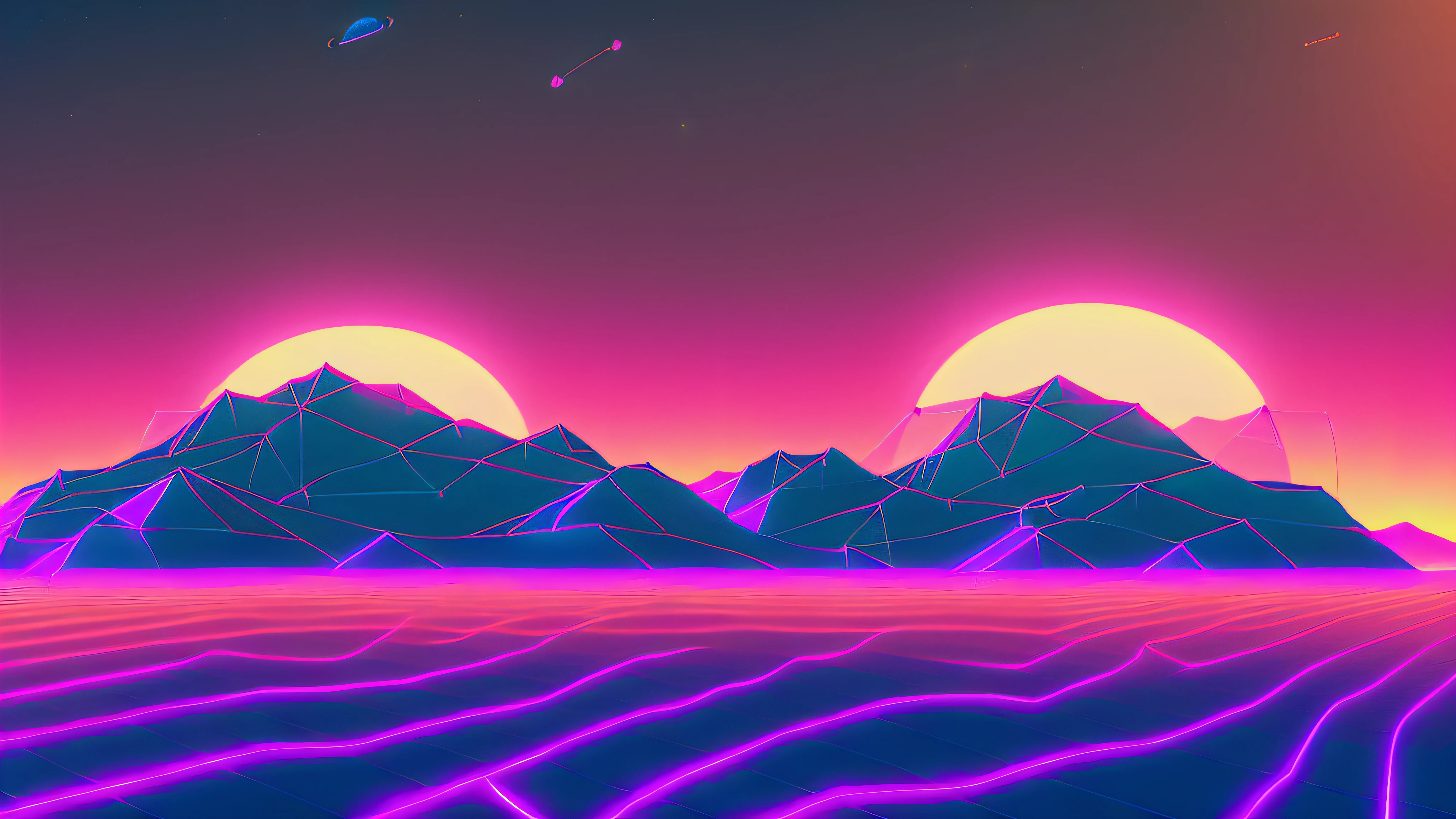 neon swip lines for wireframe, (dark colors: 1.2) with (polygonal mountain lines: 1.2) in background, (saturn with ring behind mountain: 1.2), snthwve style wallpaper