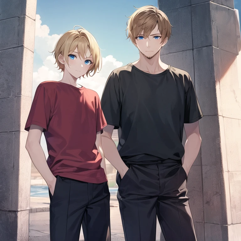 masterpiece, best quality, 1boy, solo, mature male, straight hair, short hair, blonde hair, beard, blue eyes, white t-shirt, black pants, hands in pockets, outdoors