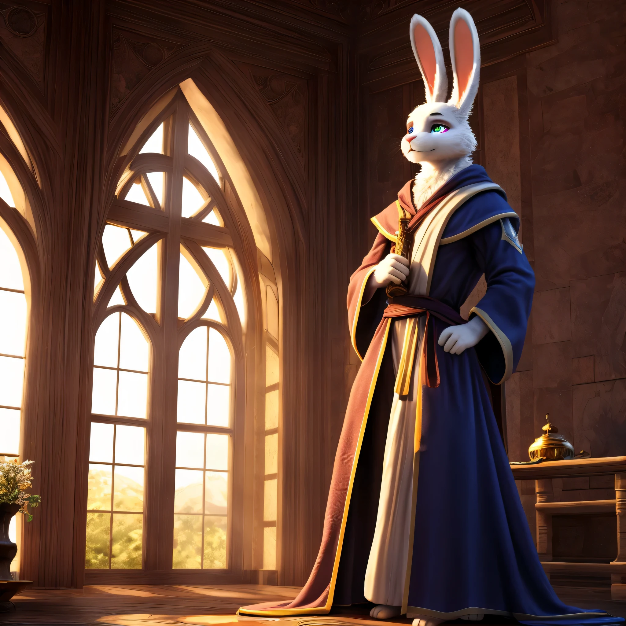 a male 6'11 foot tall anthropomorphic and bipedal rabbit with pure white fur and he is toned and athletic and wearing a mage robe and his eye color is yellow and he is a mage and skilled at it but not a master. detailed eyes, detailed body, detailed face, 8k HD, hdr,