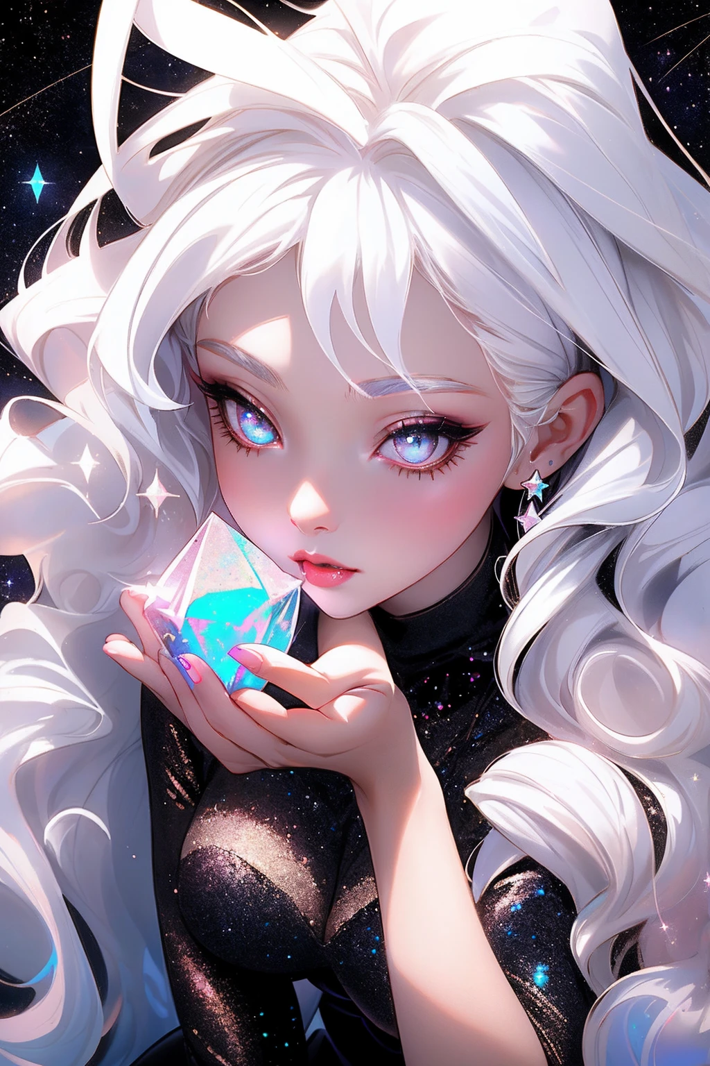 {-erro_de_anatomia:1.0} masterpiece, highest quality, (perfect face:1.1, (high detail)1.1, sweet stardust vampire , long soft white hair, opal eyes, perfectly drawn face, black dress, stars detailed background, prismatic lighting, glitter, whole bod., Very sexy, kneeling holding a crystal star in her hands