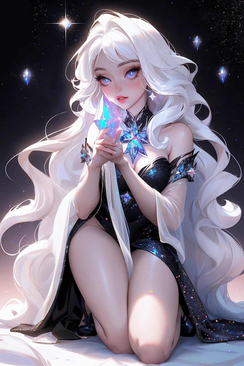 {-erro_de_anatomia:1.0} masterpiece, highest quality, (perfect face:1.1, (high detail)1.1, sweet stardust vampire , long soft white hair, opal eyes, perfectly drawn face, black dress, stars detailed background, prismatic lighting, glitter, whole bod., Very sexy, kneeling holding a crystal star in her hands