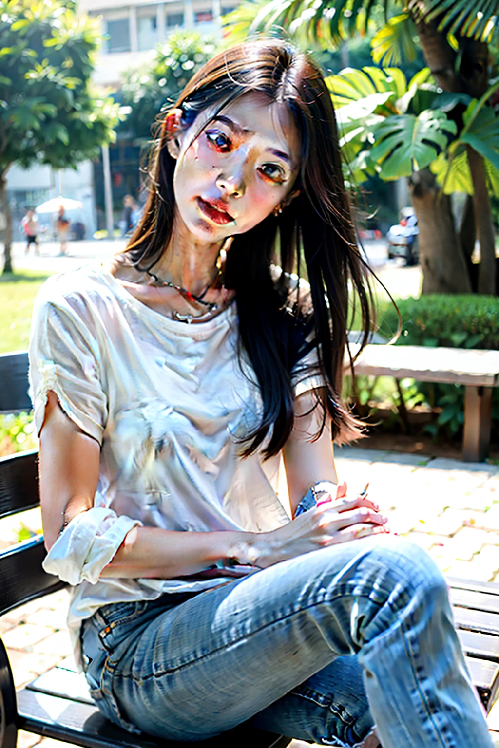 1 mulher ocidental, estudante, dressed in jeans and white shirt, sitting on a park bench, pensativa e um pouco triste por ter sido reprovada numa prova
