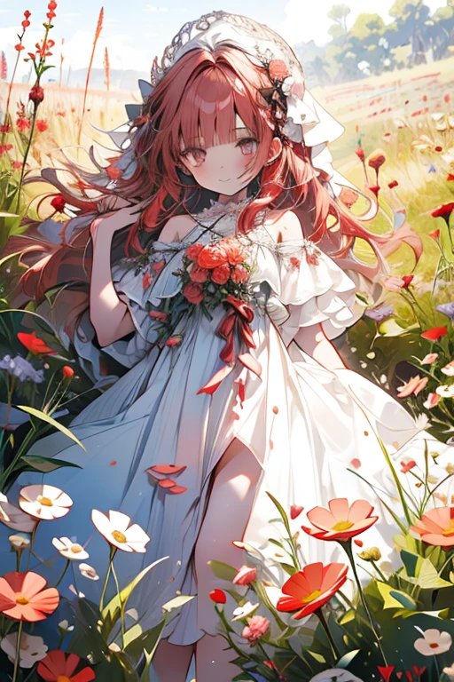 A red haired woman with red eyes is laying in a field of flowers in a summer dress
