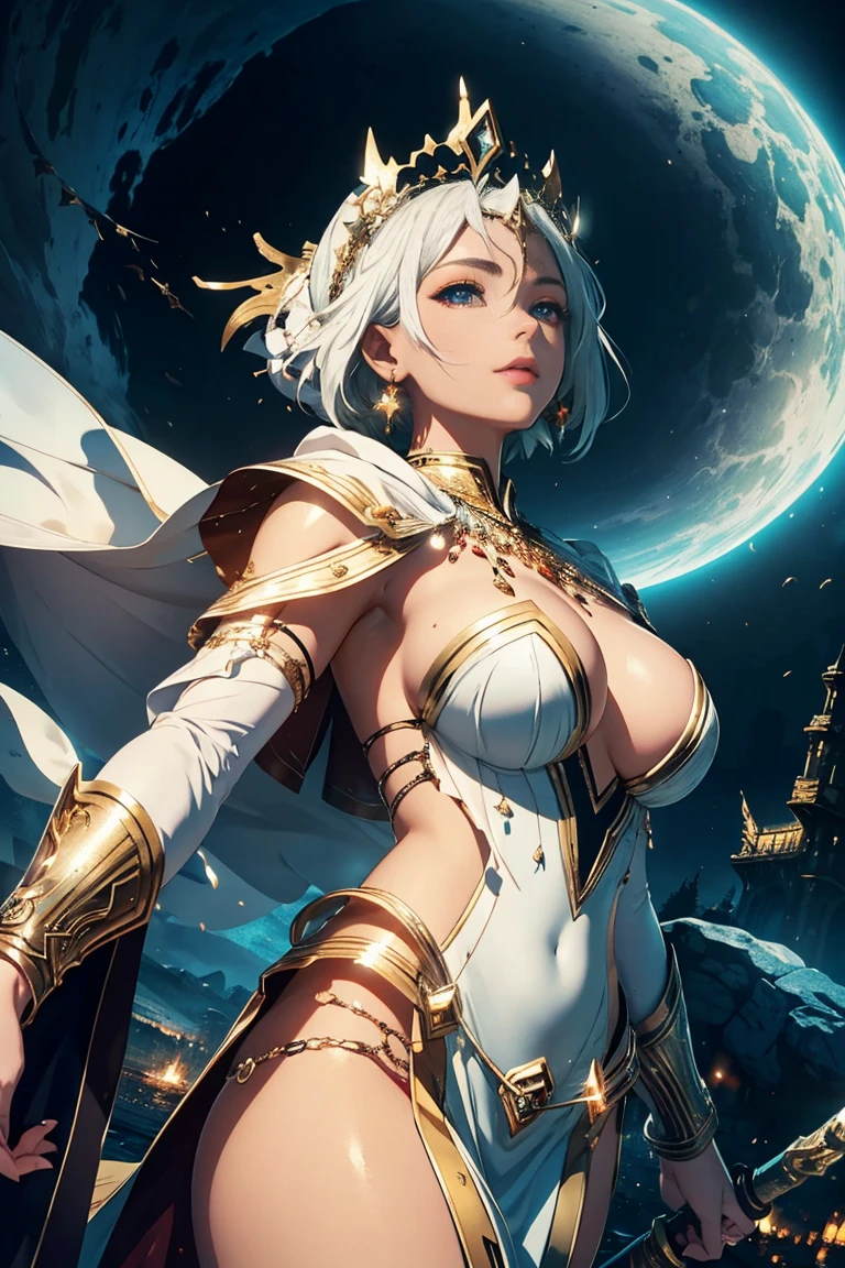 (best quality, 4k, 8k, high resolution, masterpiece: 1.2), ultra-detailed, hauntingly beautiful, powerful, mystical, majestic, mysterious, enchanting, elegant,beauty, attractive,floating, shining, robes fluttering, delicate and detailed features, piercing eyes, radiant skin, on a bed, a shining tower, vast wuarto, divine beauty, solemn atmosphere