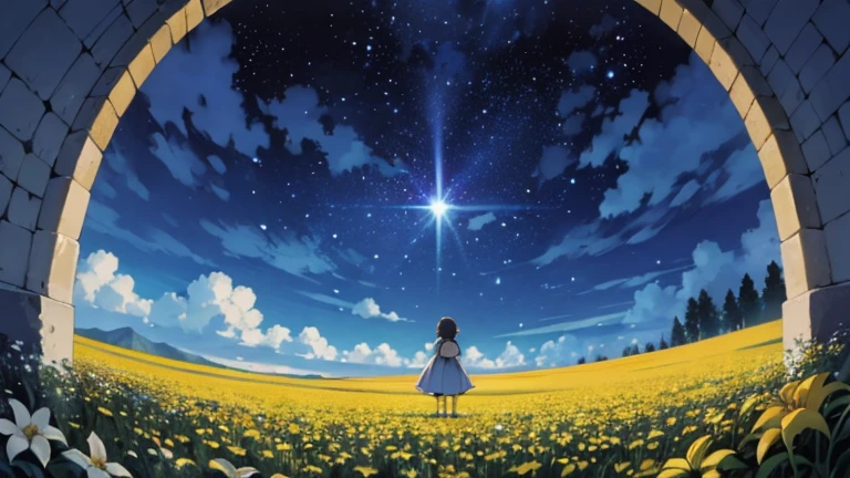 Great Landscape Photographs,(mirar desde abajo,Sobre el cielo,Below are open fields),A girl standing in the flower field looking up,(luna llena:1.2),(Meteoros:0.9),(nube de estrellas:1.3),far away mountain, Tree break art,(warm light source:1.2),(Firefly:1.2),lamp lights,Muchos morados y naranjas,detalles intrincados,Volumetric Lighting BREAK(obra maestra:1.2),(la mejor calidad),4k,ultra-detallado,(dynamic compositions:1.4),Lots of details,gran cantidad de colores,(color iridiscente:1.2),(con luz brillando,atmospheric lighting),dream magical,magical,(solo:1.2