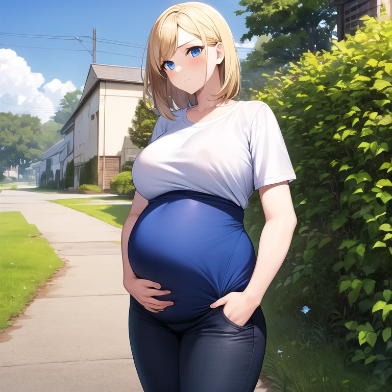 masterpiece, best quality, 1girl, solo, mature female, straight hair, short hair, blonde hair, beard, blue eyes, white t-shirt, black pants, pregnant, hands in pockets, outdoors