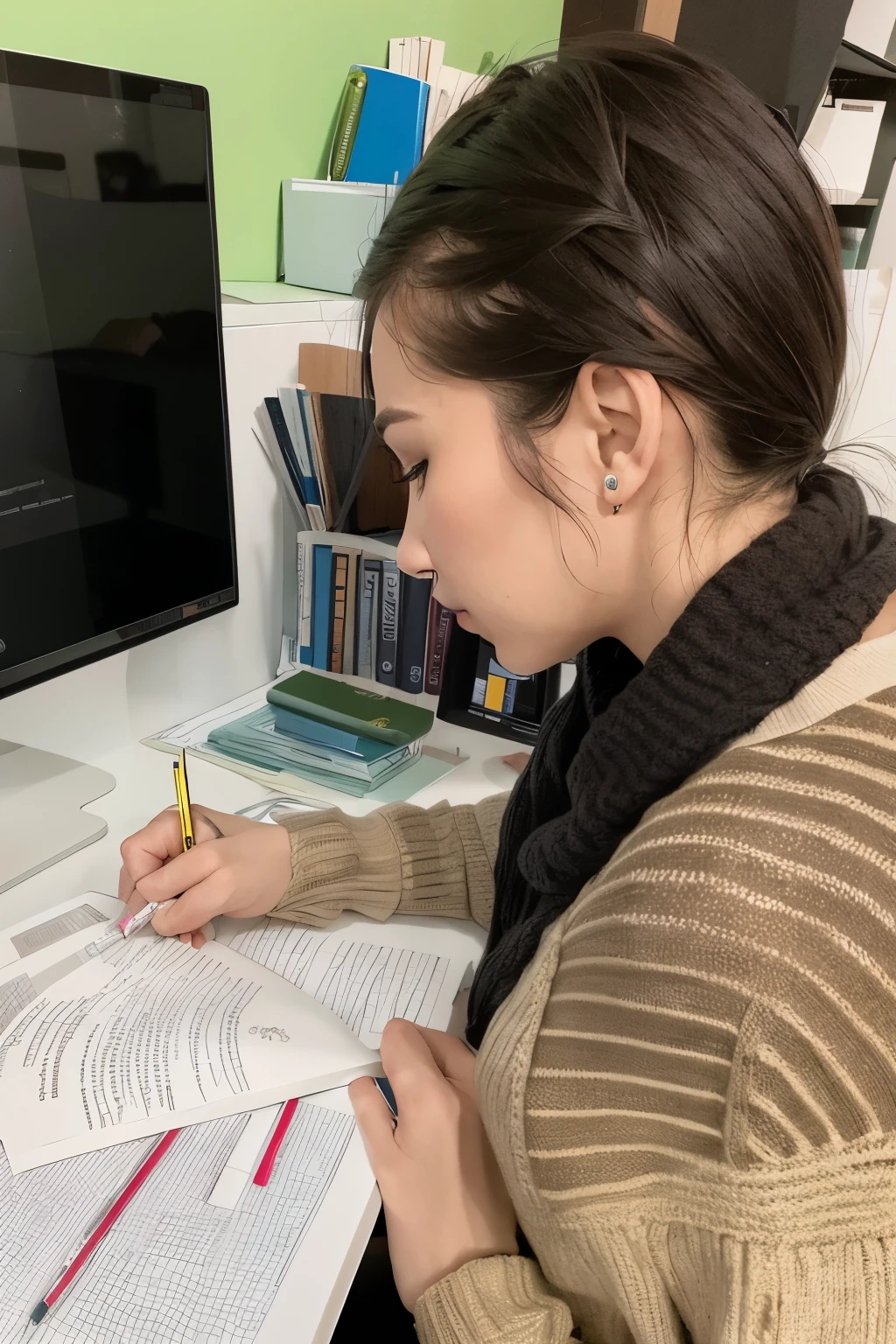 mulher arafed sentada em uma mesa escrevendo em um caderno, assunto completo mostrado na foto, estudando no quarto, estudo, Tentando estudar, estudante, estudioso, sentado em uma mesa, sentou-se em sua mesa,, in the office, estudo in a brightly lit room, por Maksimilijan Vanka, scientific study