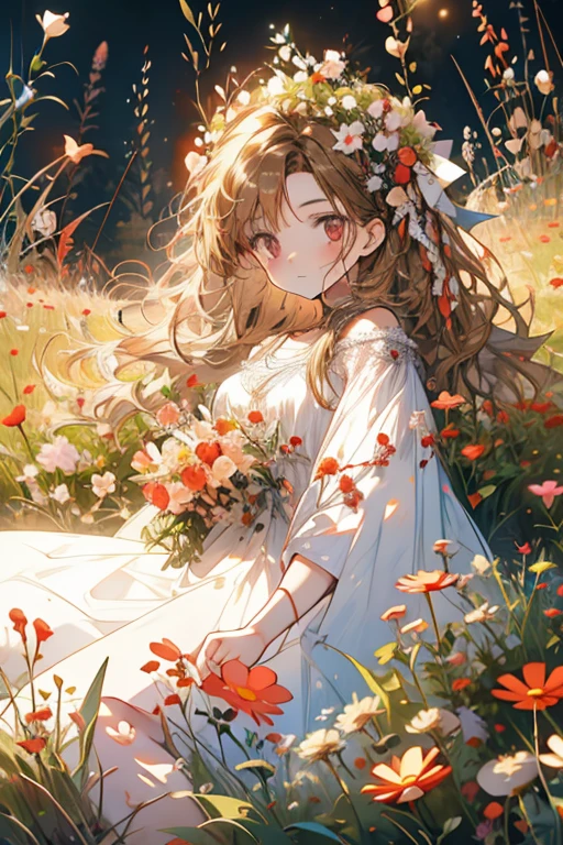 A brown haired woman with red eyes is laying in a field of flowers in a summer dress