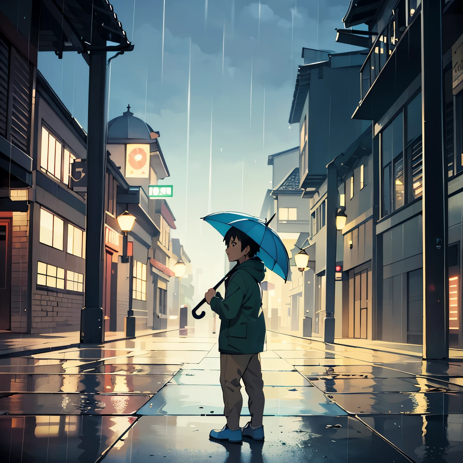 there is a young boy standing in the rain with an umbrella, Makoto Shinkai Cyril Rolando, Jour de pluie. Rendu du jeu, Cyril Rolando et Goro Fujita, par Goro Fujita, realistic 3D anime style, sombre. par Makoto Shinkai, cartoon bad mood scene, inspired par Goro Fujita, makoto shinkai. digital render
