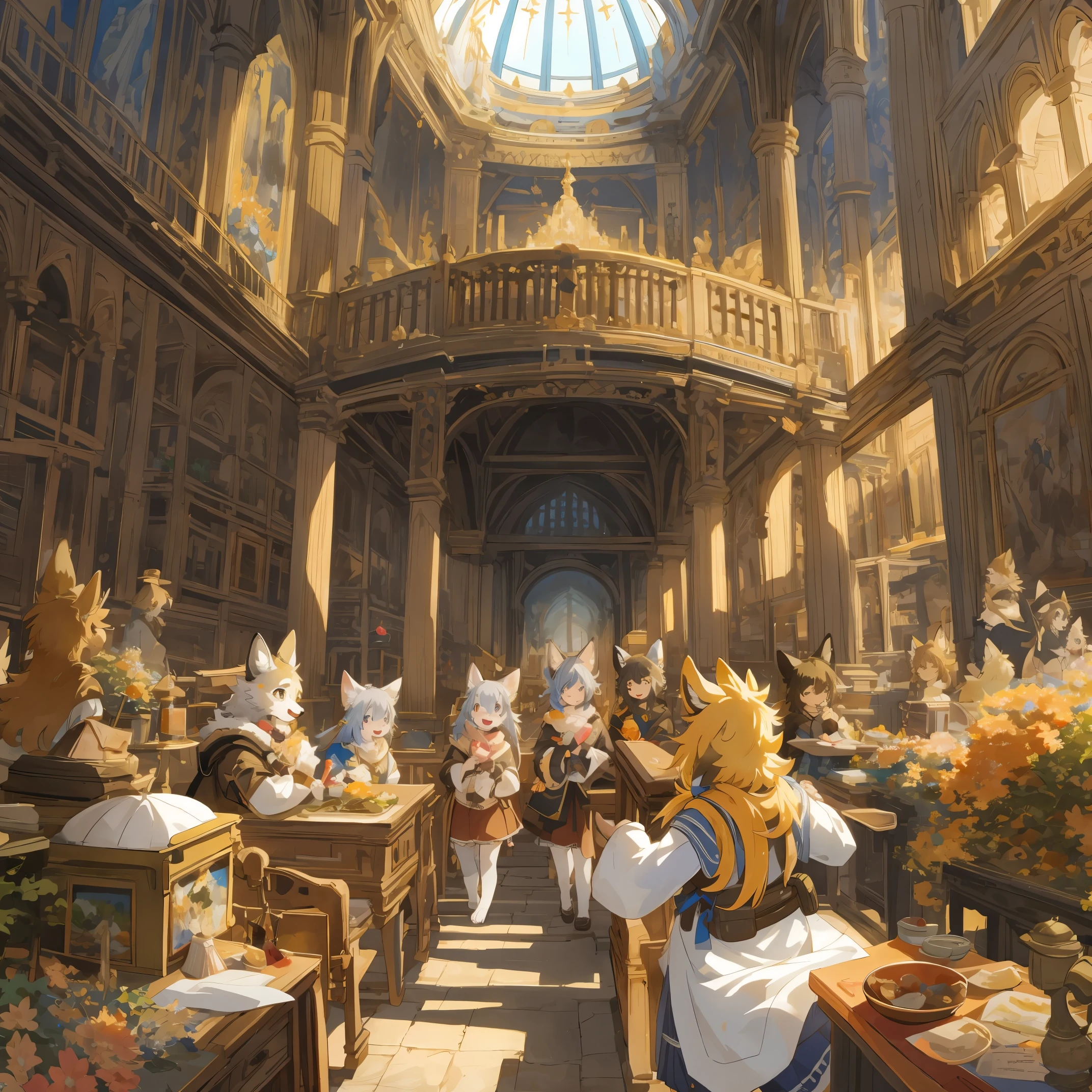 cover page, highres, top quality, best quality, paid reward available, unparalleled masterpiece, perfect artwork, absurdres, High-quality illustrations, super high resolution, detailed background, detailed background, World Heritage Site, 6+boys, 6+girls, Happy, joyful, absurdres(highly detailed beautiful face and eyes)perfect anatomy(Photos of travelers)(kemono, furry anthro),