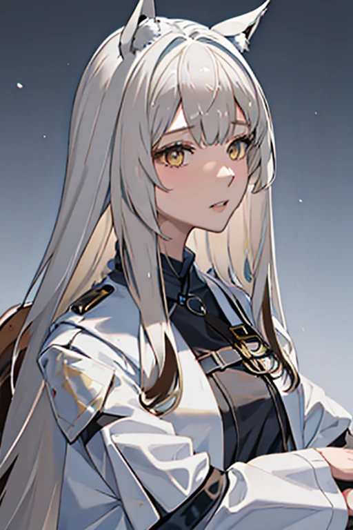 best quality, masterpiece, highres, solo, {platinum_arknights:1.15}, animal_ears, long_hair, bangs, horse_ears, white_hair, animal_ear_fluff, yellow_eyes, upper_body, very_long_hair, brown_eyes, 1girl, looking_at_viewer, simple_background, white_background, high_collar, parted_lips, portrait, sidelocks, white_jacket