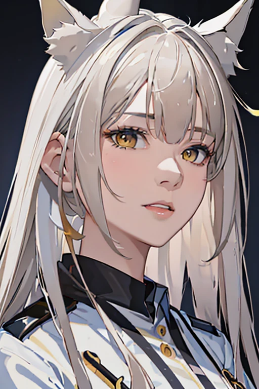 best quality, masterpiece, highres, solo, {platinum_arknights:1.15}, animal_ears, long_hair, bangs, horse_ears, white_hair, animal_ear_fluff, yellow_eyes, upper_body, very_long_hair, brown_eyes, 1girl, looking_at_viewer, simple_background, white_background, high_collar, parted_lips, portrait, sidelocks, white_jacket