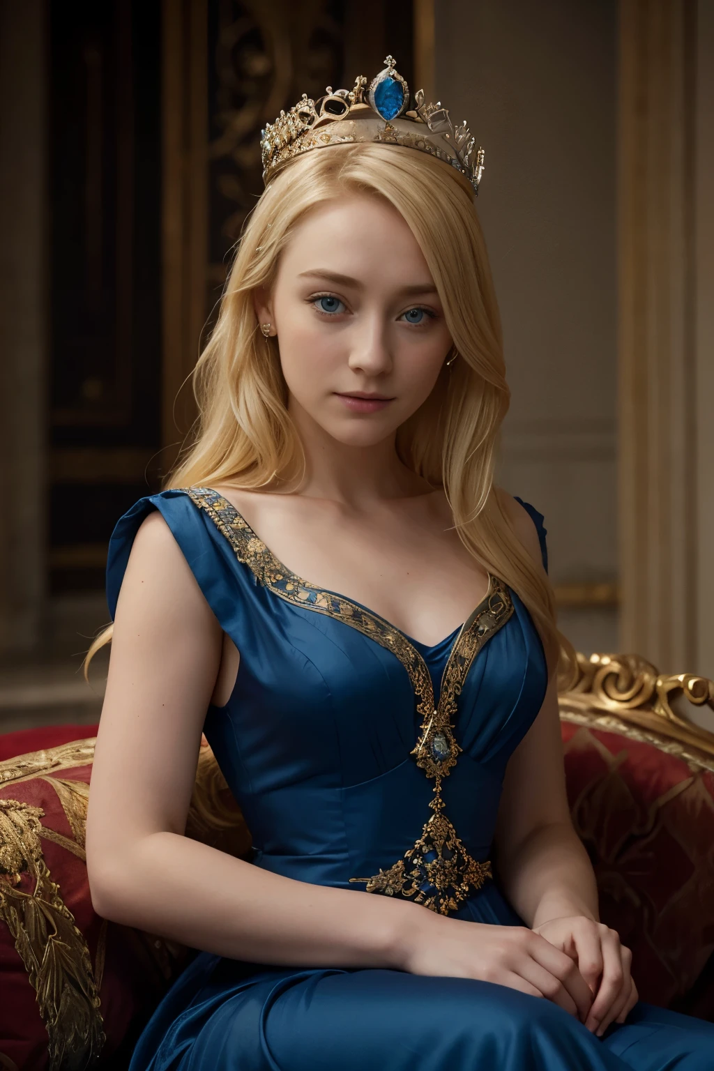 Blonde woman with a crown and a clear blue eyes, Saoirse Ronan, simple jewels, twenty years, dark blue regency dress, 1814