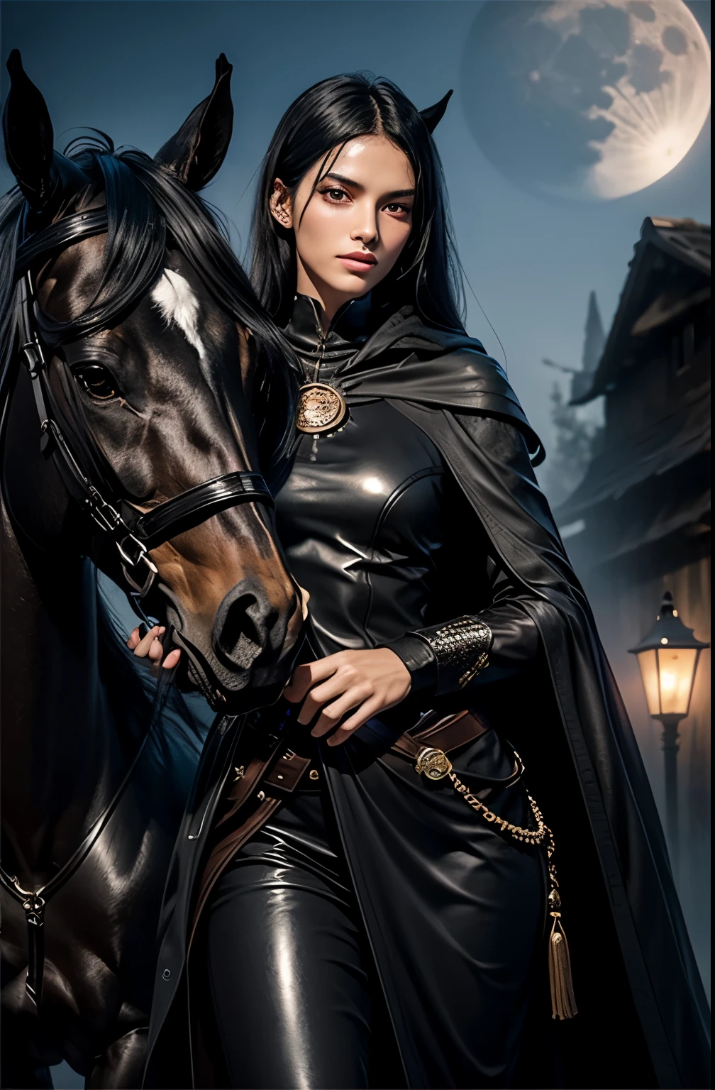 realistic rendering, man, 16 years old, tall slender, beautiful face, super long jet black hair, lots eyelash, big eye, full lips, straight hair, long face, cute face, no facial hair, black cloak, sharp eyes, spanish descendant, dark brown eyes, tanned to olive skin, horse behind, stable, farm, dark background, moon, misty night 