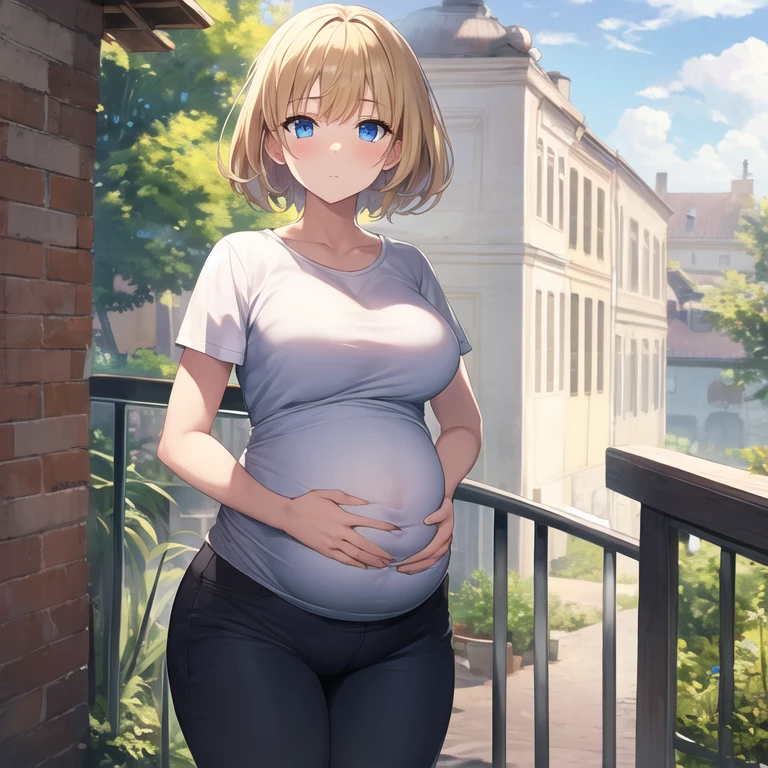 masterpiece, best quality, 1girl, solo, mature female, straight hair, short hair, blonde hair, beard, blue eyes, white t-shirt, black pants, pregnant, hands in pockets, outdoors