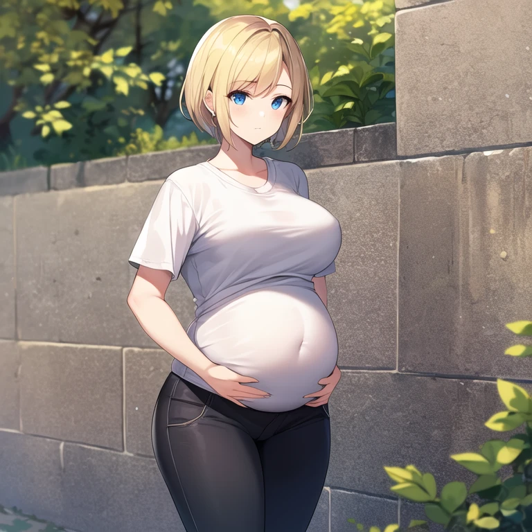 masterpiece, best quality, 1girl, solo, mature female, straight hair, short hair, blonde hair, beard, blue eyes, white t-shirt, black pants, pregnant, hands in pockets, outdoors